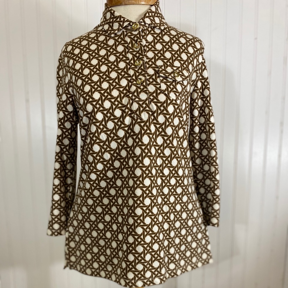 TALBOTS BROWN CANE PRINT LONG-SLEEVE GOLF SHIRT SMALL - Picture 2 of 8